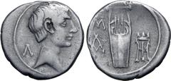 Roman Provincial Augustus AR Drachm of Masicytus, Lycia. 27-20 BC. Bare head to right; Λ-Υ across fields / Cithara; M above A in left field; tripod in right field. RPC I 3308; Troxell 115. 2.60g, 17mm