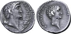 McCabe Marc Antony and Lucius Antony AR Denarius. Uncertain mint (in Greece?), late summer 41 BC. M. Nerva, quaestor pro praetore. Bare head of Mark Antony to right; capis to left; M•ANT•IMP•AVG•III•V