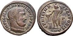 Roman Imperial Galerius BI Nummus. Antioch, AD 308-309. IMP C GAL VAL MAXIMIANVS P F AVG, laureate head to right / GENIO IMPERATORIS, Genius, wearing modius on head, standing to left, holding cornucop