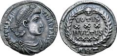 Roman Imperial Constantius II AR Siliqua. Antioch, AD 347-355. D N CONSTANTIVS P F AVG, pearl diademed, draped and cuirassed bust to right / Laurel wreath enclosing VOTIS XXX MVLTIS XXXX in four lines