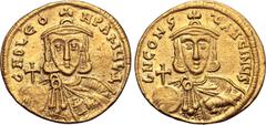 Byzantine Leo III 'the Isaurian', with Constantine V, AV Solidus. Constantinople, AD 735-740. ∂ NO LЄON P A MЧL Δ, crowned bust of Leo facing, wearing chlamys, holding globus cruciger and akakia / ∂ N