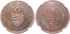 Medieval and World Great Britain, Hanover. temp. George III. Bristol Brass & Copper Co. CU Penny Token. 1811. VIRTUTE ET INDUSTRIA, Bristol City coat-of-arms; date below / • ONE PENNY • PAYABLE AT BRI