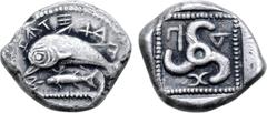 Paduans Electrotype: Dynasts of Lycia, Thap... or Path... (?) AR Stater. Possible Bibliothèque nationale de France electrotype. Antiphellos, circa 470-460 BC. Dolphin leaping to left above fish swimmi