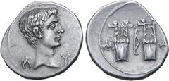 Roman Provincial Augustus AR Drachm of Masicytus, Lycia. 27-20 BC. Bare head to right; Λ-Υ across fields / Two citharas, with plectrum above and M-A to left and right. RPC I 3309c (online); Troxell, L