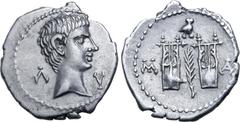 Roman Provincial Augustus AR Drachm of Masicytus, Lycia. 27-20 BC. Bare head to right; Λ-Υ across fields / Two citharas, with branch between, owl above and M-A to left and right. RPC I 3309c (online);