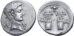 Roman Provincial Augustus AR Drachm of Masicytus, Lycia. 27-20 BC. Bare head to right; Λ-Υ across fields / Two citharas, with bow between and M-A to left and right. RPC I 3309c (online); Troxell, Lyci