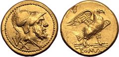 Roman Republic Anonymous AV 60 Asses. Rome, circa 211-207 BC. Bearded head of Mars to right, wearing crested Corinthian helmet;↓X (mark of value) behind / Eagle standing to right on thunderbolt, with 