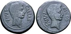 Roman Imperatorial Octavian and Divus Julius Caesar Æ Dupondius. Uncertain Southern Italian mint, circa 38 BC. CAESAR DIVI F, bare head of Octavian to right / DIVOS IVLIVS, wreathed head of Divus Juli