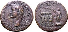 Roman Imperial Caligula Æ Sestertius. Rome, AD 39-40. CAESAR DIVI AVG PRON AVG P M TR P IIII P P, laureate head to left / Emperor standing to left with right hand raised on platform, low stool behind,