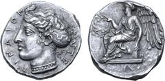 Greek Bruttium, Terina AR Stater. Circa 420-400 BC. Signed by unknown die engraver 'Π'. Head of the nymph Terina to left, wearing sphendone decorated with meander pattern and necklace; TEPINAION aroun