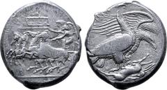Greek Sicily, Akragas AR Tetradrachm. Circa 410-406 BC. Reverse die signed by Silanos. Nike, holding kentron and reins, driving fast quadriga to left; tablet inscribed ΑΚΡΑΓИOИITИA (ON off tablet) abo