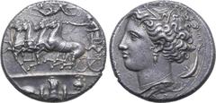 Greek Sicily, Syracuse AR Dekadrachm. Time of Dionysios I, circa 405-370 BC. Reverse die signed by Euainetos. Charioteer driving galloping quadriga to left, holding kentron in right hand, reins in lef