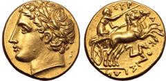Greek Sicily, Syracuse AV Dekadrachm - 50 Litrai. Time of Agathokles, circa 317-311 BC. Laureate head of Apollo to left / Charioteer driving fast biga to right; triskeles running to right below, ΣYPAK