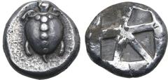 Greek Islands off Attica, Aegina AR Stater. Circa 470-440 BC. Sea turtle, head in profile, with 'T' design in pellets on shell / Large square incuse with skew pattern. Meadows, Aegina, Group IIIa; Mil