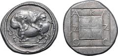 Greek Macedon, Akanthos AR Tetradrachm. Circa 470-430 BC. Lion to right, leaping upon and attacking bull to left; in exergue, tunny fish swimming to left / ΑΚΑΝΘΙΟΝ around raised quadripartite square;