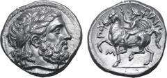 Greek Kingdom of Macedon, Philip II AR Tetradrachm. Amphipolis, circa 355-348 BC. Laureate head of Zeus to right / ΦΙΛΙΠΠΟΥ, Philip on horseback to left, raising hand; M below. Le Rider Group IB, 67 (