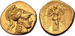 Greek Kingdom of Macedon, Alexander III 'the Great' AV Stater. Sidon, circa 333-305 BC. Head of Athena to right, wearing triple-crested Corinthian helmet ornamented with griffin / Nike standing to lef