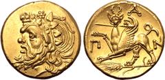 Greek Kimmerian Bosporos, Pantikapaion AV Stater. Circa 325-310 BC. Bearded head of satyr to left, wearing ivy wreath / Π-Α-Ν around griffin standing to left, head facing, holding spear in its mouth, 