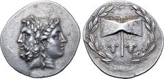 Greek Islands off Troas, Tenedos AR Tetradrachm. Circa 100-80 BC. Janiform head of a laureate bearded male to left and female to right, wearing stephanos / Labrys; TENEΔIΩN above, handle flanked by gr
