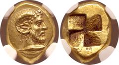 Greek Mysia, Kyzikos EL Hekte. Circa 500-450 BC. Head of Zeus-Ammon to right atop tunny fish / Quadripartite incuse square. Cf. Von Fritze 130 (unlisted denomination); cf. Greenwell 3 (same); cf. SNG 