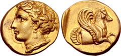 Greek Mysia, Lampsakos AV Stater. Circa 370-360 BC. Head of Demeter to left, wearing wreath of grain ears in caught up and back swept hair, crescent-shaped earring with quadruple pendant and pearl nec