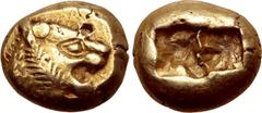 Greek Kingdom of Lydia, Alyattes EL Trite - 1/3 Stater. Sardes, circa 600-561 BC. Head of roaring lion to right, sunburst with five rays on forehead / Two incuse square punches. GRPC Lydia G25; Weidau