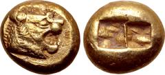 Greek Kingdom of Lydia, Alyattes EL Trite - 1/3 Stater. Sardes, circa 600-561 BC. Head of roaring lion to right, sunburst with five rays on forehead / Two incuse square punches. GRPC Lydia G25; Weidau