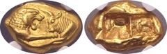 Greek Kingdom of Lydia, Kroisos AV Stater. Light series. Sardes, circa 564-39 BC. Confronted foreparts of roaring lion to right and bull to left, each with extended foreleg / Two incuse squares punche