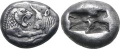 Greek Kingdom of Lydia, Kroisos AR 1/3 Stater. Sardes, circa 561-546 BC. Confronted foreparts of lion to right and bull to left / Two irregular incuse squares. GRPC Lydia S5; SNG Keckman 359; Boston M