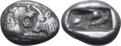Greek Kingdom of Lydia, Kroisos AR 1/6 Stater. Sardes, circa 561-546 BC. Confronted foreparts of lion to right and bull to left / Two incuse square punches of unequal size. GRPC Lydia S6; Rosen 667; S
