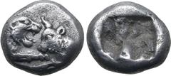 Greek Kingdom of Lydia, Kroisos AR 1/12 Stater. Sardes, circa 561-546 BC. Confronted foreparts of lion to right and bull to left / Incuse square. GRPC Lydia S8; SNG Kayhan 1020-21; SNG von Aulock 2880