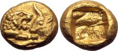 Greek Kingdom of Lydia, Kroisos AV 1/12 Stater. Light standard. Sardes, 550-520 BC. Confronted foreparts of roaring lion to right, with extended foreleg, and bull to left / Incuse square. GRPC Lydia G