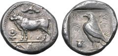 Greek Cyprus, Paphos AR Stater. Stasandros, circa 425 BC or later. Bull standing to left; winged solar disk above, ankh to left, palmette ornament in exergue / Eagle standing to left; one-handled vase
