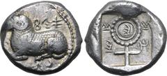Greek Cyprus, Salamis AR Stater. Nikodamos, circa 460-450 BC. Recumbent ram to right; Cypriot script 'ba-si-le-wo-ni-ko-ta-mo' around / Large ornate ankh enclosing Cypriot 'ni', Cypriot 'mi-la/ni-se' 