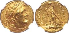 Greek Ptolemaic Kingdom of Egypt, Ptolemy I Soter AV Trichryson - Pentadrachm. Alexandria, from 294 BC. Obverse die signed by the artist D. Diademed head to right, wearing aegis around neck; small Δ b