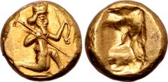 Greek Persia, Achaemenid Empire AV Daric. Time of Darios I to Xerxes II. Sardes, circa 485-420 BC. Persian Great King or hero, wearing kidaris and kandys, in kneeling-running stance to right on exergu