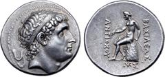 Greek Seleukid Empire, Antiochos I Soter AR Tetradrachm. Smyrna, circa 281-261 BC. Diademed head to right / Apollo Delphios seated to left on omphalos, testing arrows and resting left hand on grounded