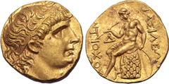 Greek Seleukid Empire, Antiochos I Soter AV Stater. Aï Khanoum, circa 266-261 BC. Diademed head to right, with rejuvenated and idealised features / Apollo Delphios, nude, seated to left on omphalos, t