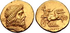 Greek Parthia, Andragoras AV Stater. Circa 246/5-239/8 BC. Diademed and draped bust of Zeus to right; monogram of Andragoras behind / Fast quadriga driven by Nike to right, holding kentron and reins, 