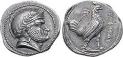 Greek Baktria, Sophytes AR Tetradrachm. Uncertain mint in the Oxus region, circa 246-235 BC. Attic standard. Head of Seleukos(?) to right, wearing laurel wreathed Attic helmet decorated with spiral pa