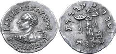 Greek Indo-Greek Kingdom, Menander I Soter AR Tetradrachm. Circa 165/55-130 BC. BAΣIΛEΩΣ ΣΩTHPOΣ MENANΔPOY, diademed heroic bust to left, seen from behind, wearing aegis over shoulder, brandishing spe
