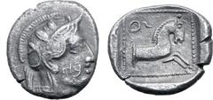Greek Philistia (Palestine), Gaza AR Drachm. Circa 450-400 BC. Imitating Athens. Helmeted head of Athena to right, with archaic eye to front; Phoenician letters 'mem'(?) and 'beth' on cheek / Forepart
