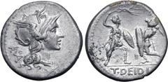 Roman Republic T. Didius AR Denarius. Rome, 113-112 BC. Helmeted head of Roma to right; monogram of ROMA behind, [mark of value below] / Two gladiators fighting, each holding shield, one attacking to 