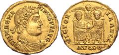 Miller Magnus Maximus AV Solidus. London (as Augusta), AD 384. D N MAG MAXIMVS P F AVG, rosette-diademed, draped and cuirassed bust to right / VICTORIA AVGG, two emperors seated facing, together holdi
