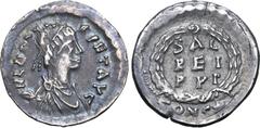 Miller Leo I AR Siliqua. Constantinople, AD 457-474. D N LEO PERPET AVG, pearl-diademed, draped and cuirassed bust to right / SAL REI PЧ(retrograde)I in three lines within wreath, jewel at apex; CONS*