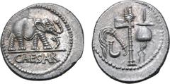 Roman Imperatorial Julius Caesar AR Denarius. Military mint travelling with Caesar, 49-48 BC. Elephant advancing to right, trampling on serpent; CAESAR in exergue / Emblems of the pontificate: simpulu