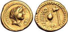 Roman Imperatorial Julius Caesar AV Aureus. Rome, 46 BC. A. Hirtius, praetor. Veiled head of Vesta to right, C•CAESAR COS TER around / Emblems of the augurate and pontificate: lituus, capis, and secur