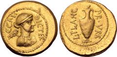 Roman Imperatorial Julius Caesar AV Aureus. Rome, 45 BC. L. Munatius Plancus, urban prefect. C•CAES DIC•TER, draped bust of Victory to right / L•PLANC PR•VRB, ewer with handle. Crawford 475/1b; Bahrfe