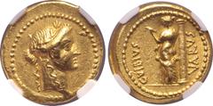 Roman Imperatorial C. Vibius Varus AV Aureus. Rome, 42 BC. Laureate head of Apollo to right / Venus standing to left before column, looking at herself in mirror held in hand; C•VIBIVS upwards to left,