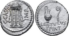 Roman Imperatorial C. Cassius Longinus and P. Cornelius Lentulus Spinther AR Denarius. Military mint travelling with Brutus and Cassius, probably at Smyrna, 43-42 BC. Tripod with cauldron, decorated w